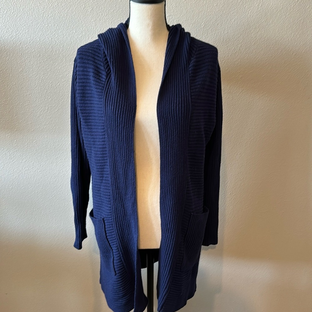 Navy, hooded open cardigan. Large. Gently used condition.